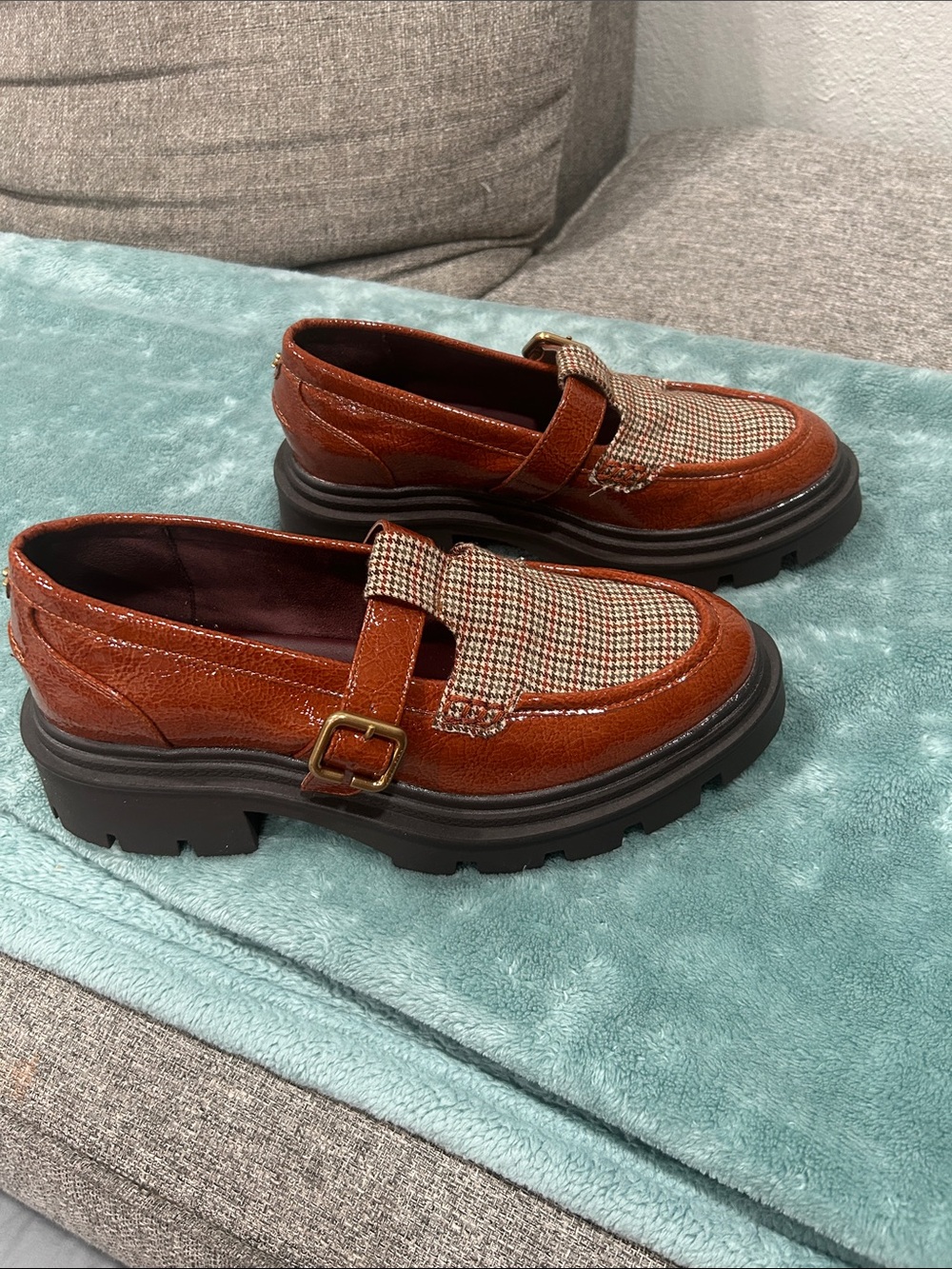 Sam Edelman Cognac Patent Leather & Houndstooth Lug Loafers